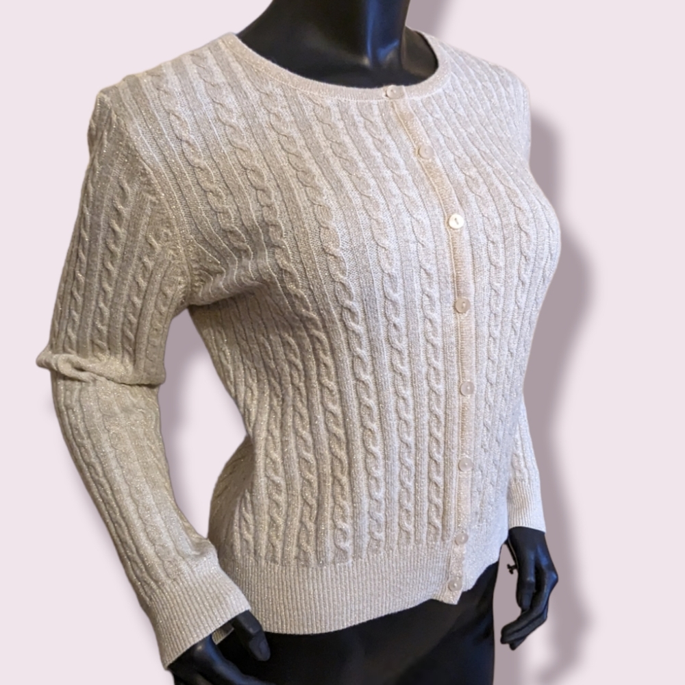 New York & Company Metallic Gold and Cream Cable Knit Cardigan Sweater Size M